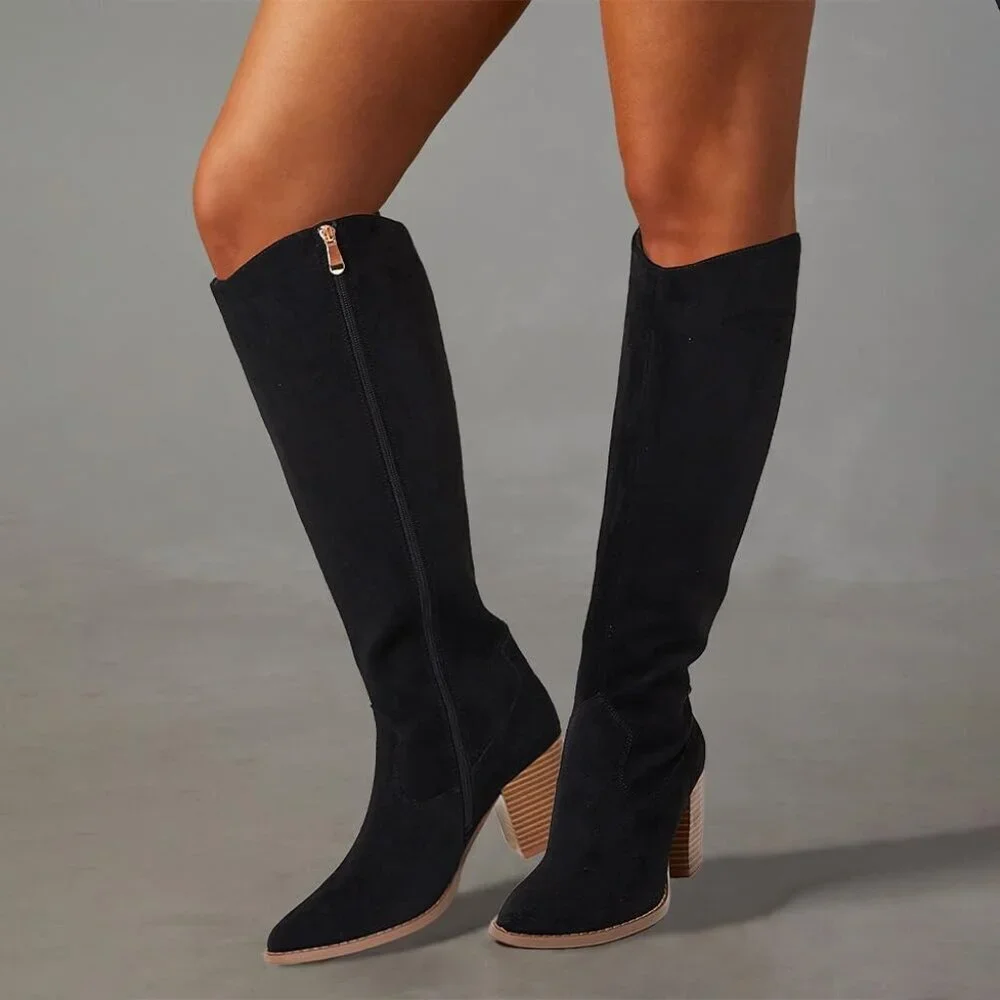 Womens Suede Black Side Zipper Knee High Pointed Toe Chunky Heel Tall Boots